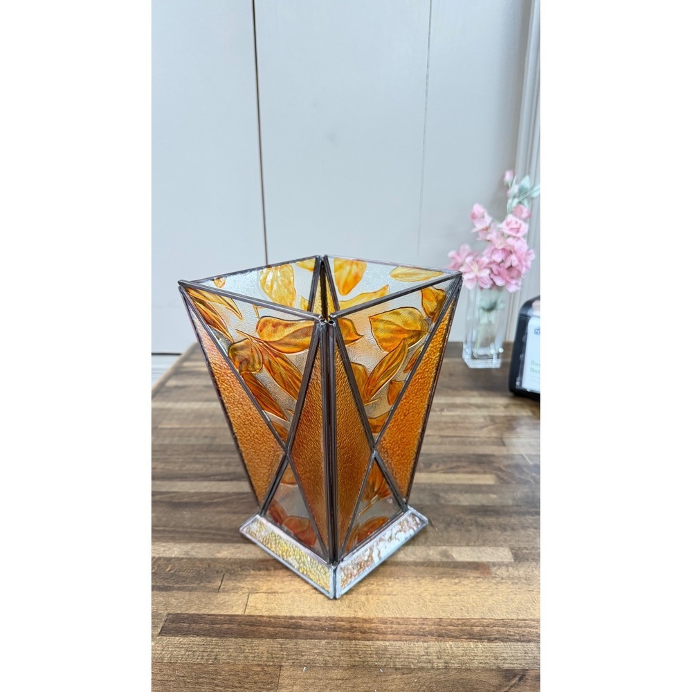 Vintage Stained Glass Vase Amber Orange Leaf Geometric Leaded‎ Glass Decor